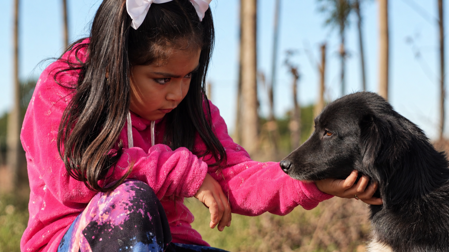 Niña de unos 6 años acariciando a su perro, con árboles de fondo